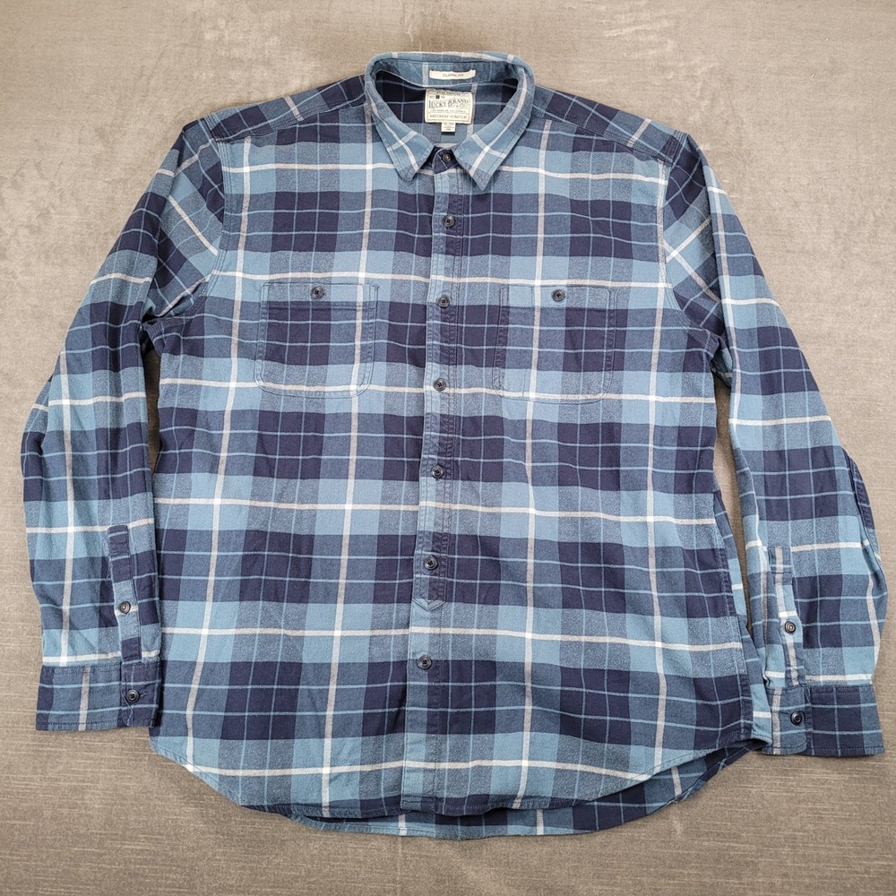 Lucky Brand Mens Saturday Stretch Flannel Shirt XL Blue Plaid Classic Fit Button
